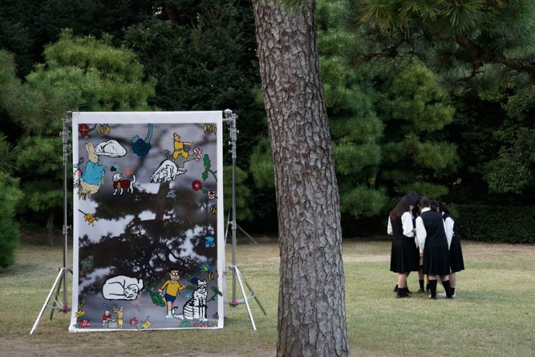 Our Nature: Kawaii things like Peter Rabbit, Nobita, Cats and Flowers on a puddle in The Ritsurin Garden, Japan